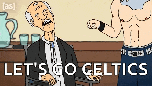 an elderly man in a wheelchair is talking to a shirtless man in a cartoon .