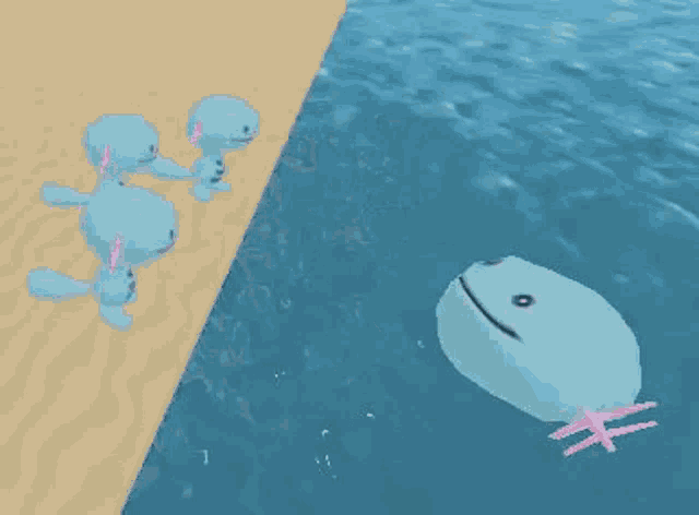 a group of axolotls are standing on a beach next to a body of water and a whale .