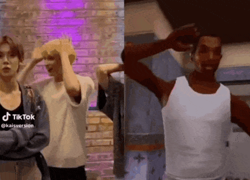 a group of people are standing next to each other in front of a brick wall and dancing .