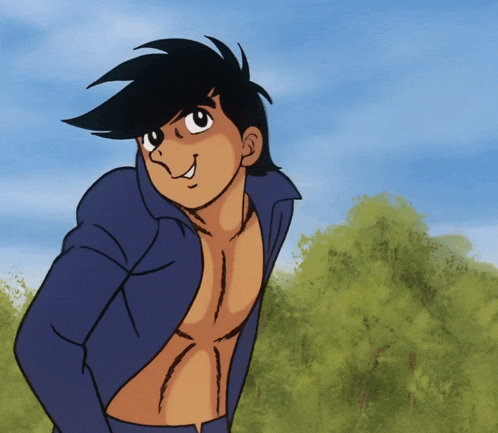 a cartoon character without a shirt is standing in front of trees