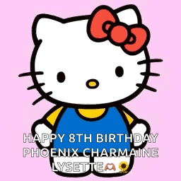 hello kitty is wearing a blue shirt and has a red bow on her head