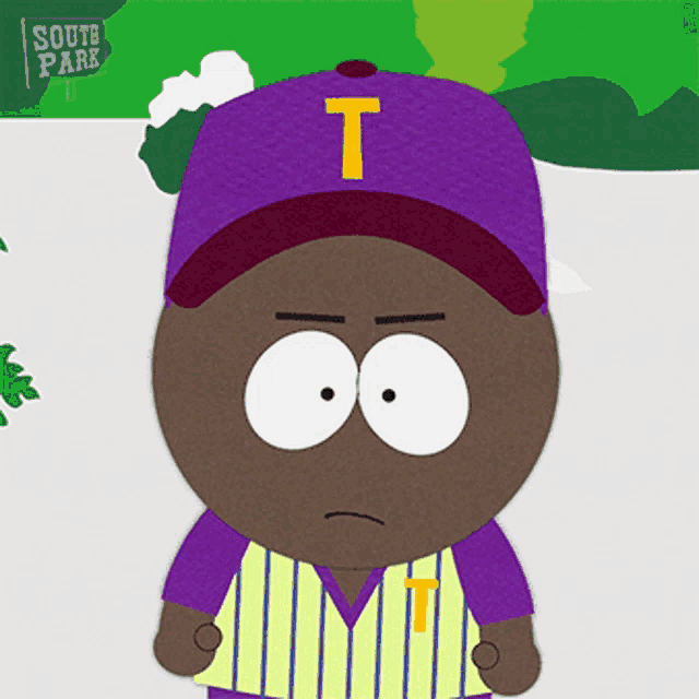 a cartoon character from south park is wearing a purple hat with a yellow t on it