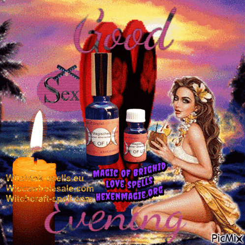 a picture of a woman holding a coconut and a bottle that says good sex on it