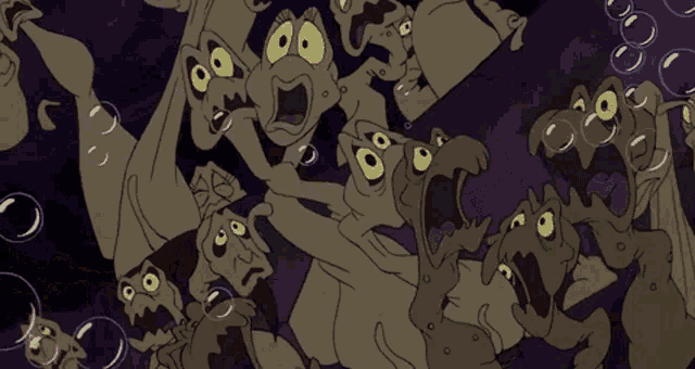 a bunch of cartoon characters with yellow eyes are screaming
