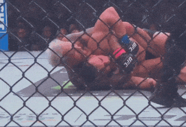 a man wearing a pair of ufc gloves holds another man in a cage