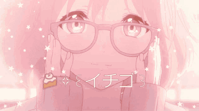 a girl wearing glasses is smiling with a cake in the background and the word strawberry in white