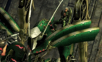 a video game character is standing next to a green and gold robot