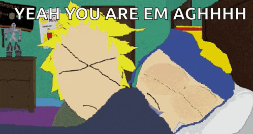 a cartoon of two people laying in bed with the words yeah you are em aghhhh above them
