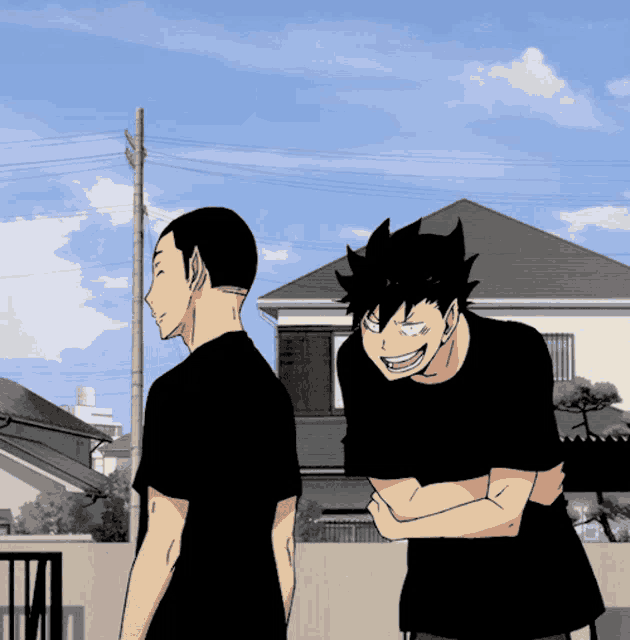a cartoon of two men standing next to each other with a house in the background