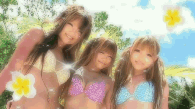 three women in bikinis are posing for a picture with flowers in the background