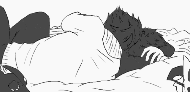 a black and white drawing of a man laying on a bed