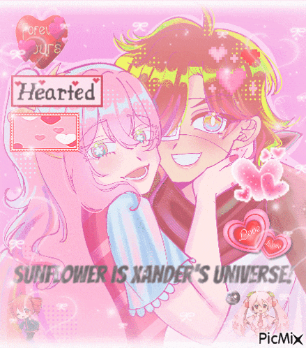 a picture of a boy and a girl with the words hearted and sunflower is xander 's universe on the bottom