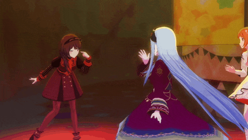 a group of anime girls are dancing in front of a wall with a green star on it