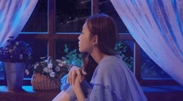 a woman in a blue dress is sitting in front of a window with flowers in a basket
