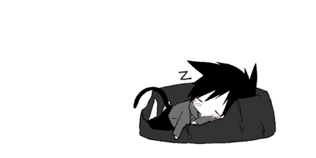 a black and white drawing of a cat sleeping on a black couch