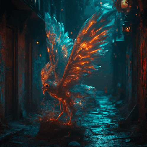 a glowing bird is flying through a dark alley