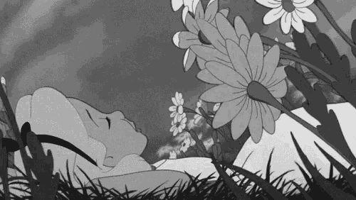 alice in wonderland is sleeping in the grass with flowers