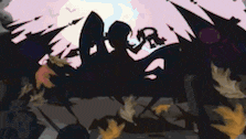 a cartoon drawing of a woman sitting on a skateboard in a cemetery surrounded by leaves .