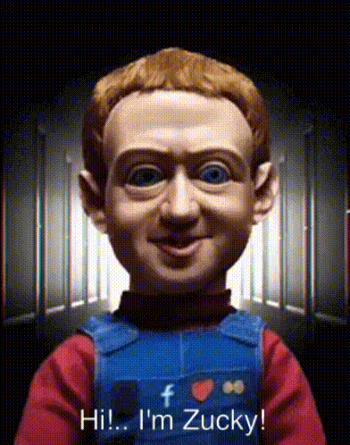 a puppet of mark zuckerberg says hi i 'm zucky in a dark room