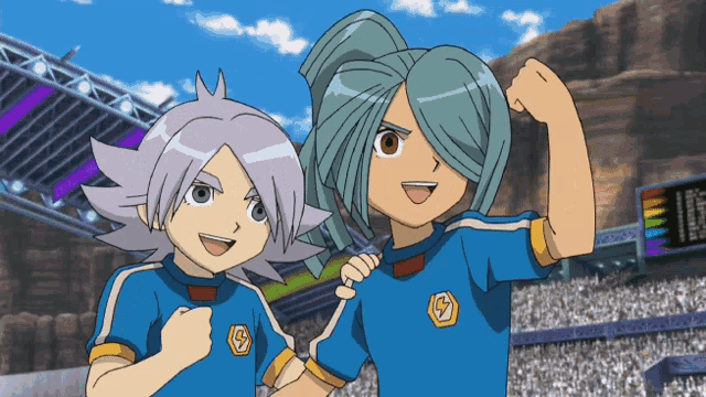 two cartoon characters are standing next to each other and one has a lightning bolt on his jersey