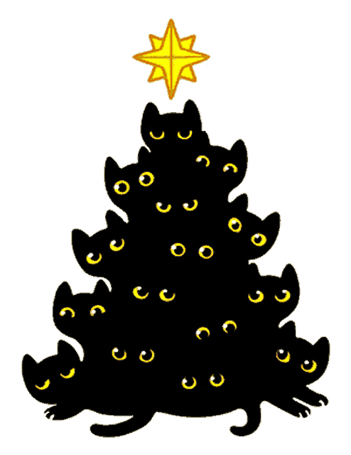 a christmas tree made of black cats with yellow eyes and a star on top