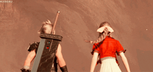 a video game character with a sword standing next to a woman in a red dress