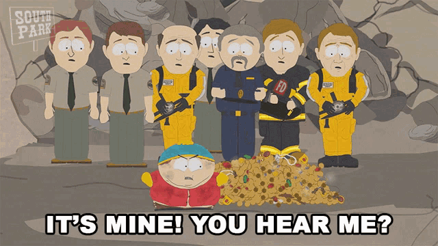 a group of south park characters standing around a pile of gold coins