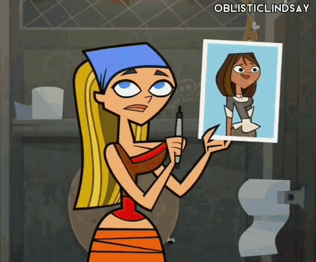 a cartoon of a girl holding a picture with oblisticlindsay written on the bottom right