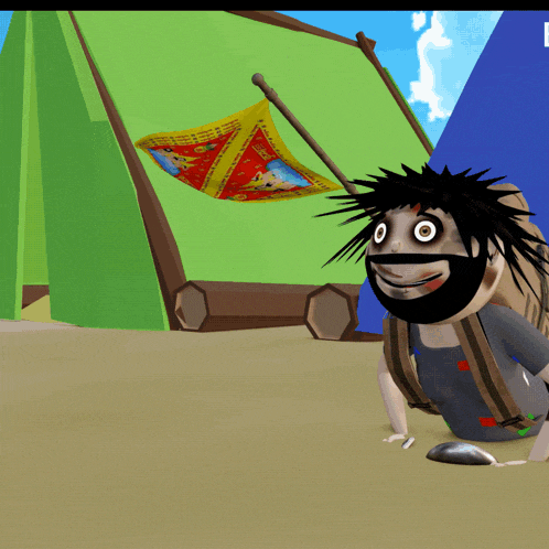 a cartoon character with a beard and a backpack stands in front of a green tent