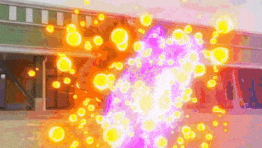 a bunch of bubbles are coming out of a purple object in front of a building