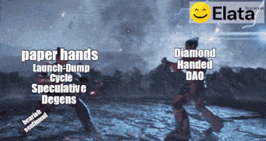 a video game scene with the words paper hands launch-dump cycle speculative degens