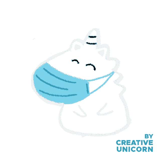 a drawing of a unicorn wearing a face mask with the words get well soon below it