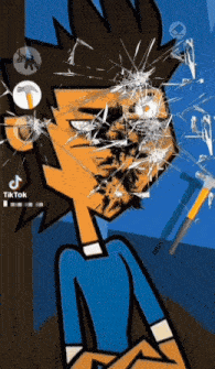 a cartoon of a man with a hammer in his mouth and a cracked screen