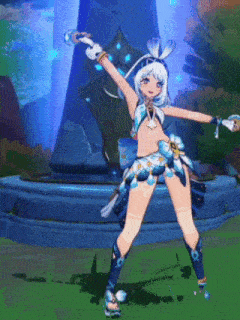 a cartoon girl with white hair is dancing in front of a statue