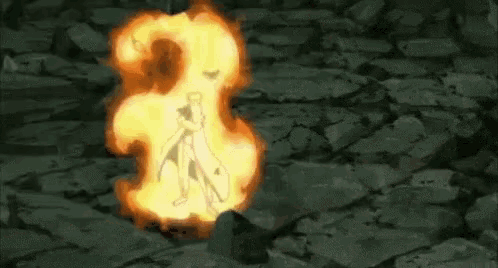a cartoon character is standing in front of a fireball in a cave .