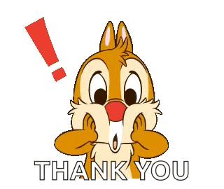 a cartoon squirrel is saying thank you with an exclamation point above it .