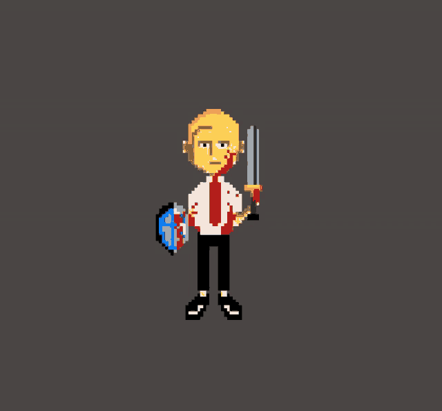 a pixel art of a man with blood on his face holding a sword and shield