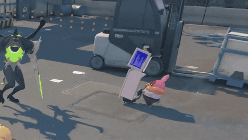 a video game character with a forklift in the background and a sign that says ' ns ' on it