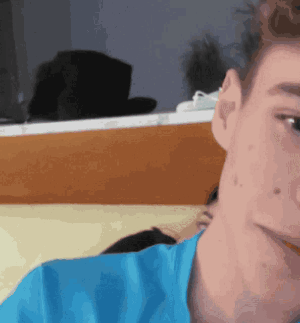 a man in a blue shirt looks at the camera