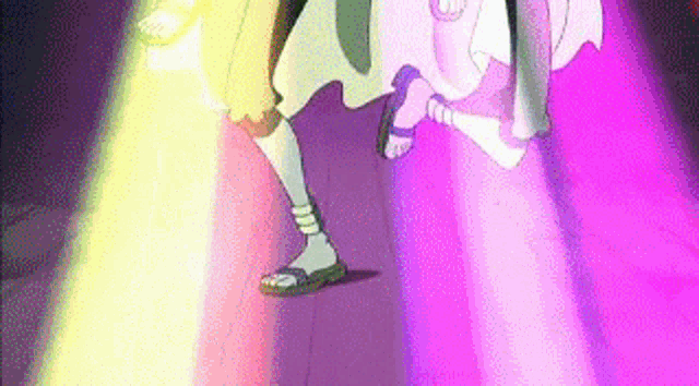 a couple of cartoon characters are standing next to each other on a pink floor .