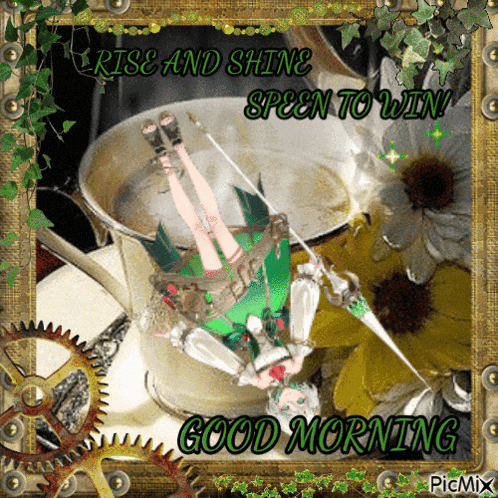 a picture of a fairy in a cup of tea with the words rise and shine spoon to win