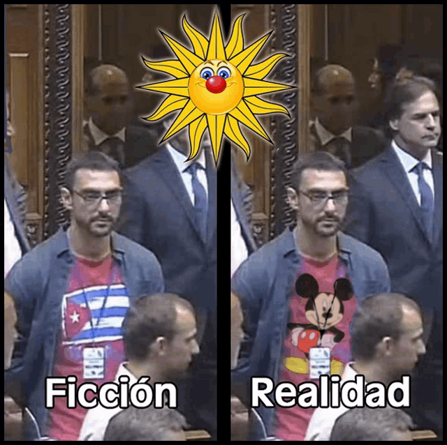 a man wearing a mickey mouse shirt is next to a man wearing a ficcion shirt