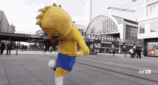 a cartoon character is running down a street in front of a building that says dm on it