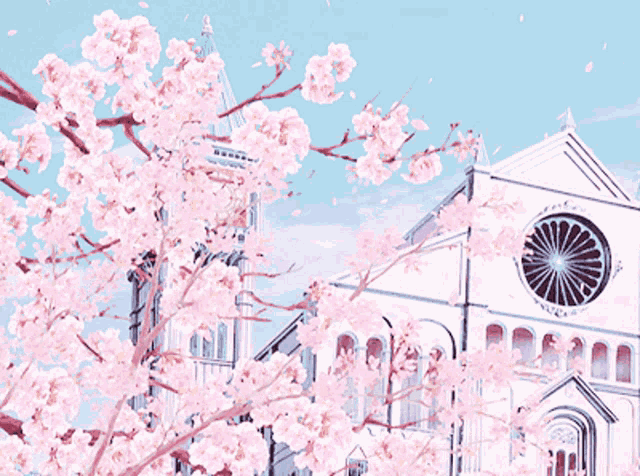 a large white building with a clock on the top of it surrounded by pink flowers