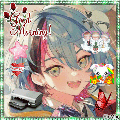 a picture of a girl with the words good morning written above her