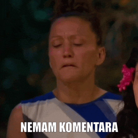 a woman in a blue and white striped dress is crying with her eyes closed and the words nemam komentara written on her face .
