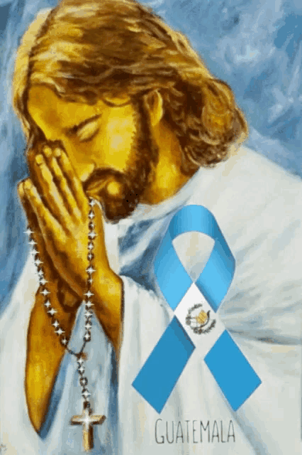 a painting of jesus praying with a cross and a blue ribbon that says guatemala