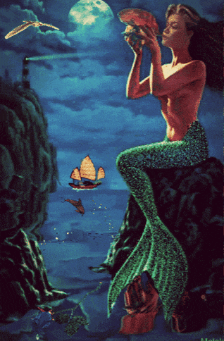 a painting of a mermaid blowing into a shell