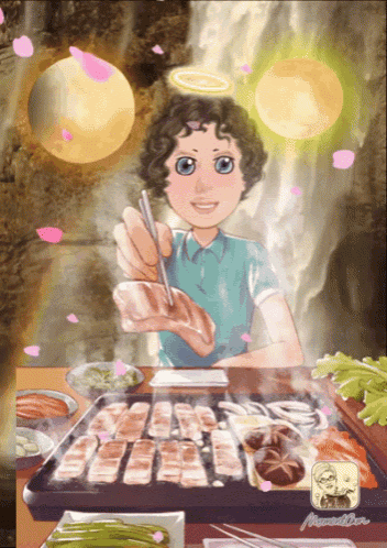 a cartoon of a girl holding a piece of meat with a halo on her head