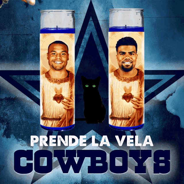 a cowboys poster with two candles and a black cat